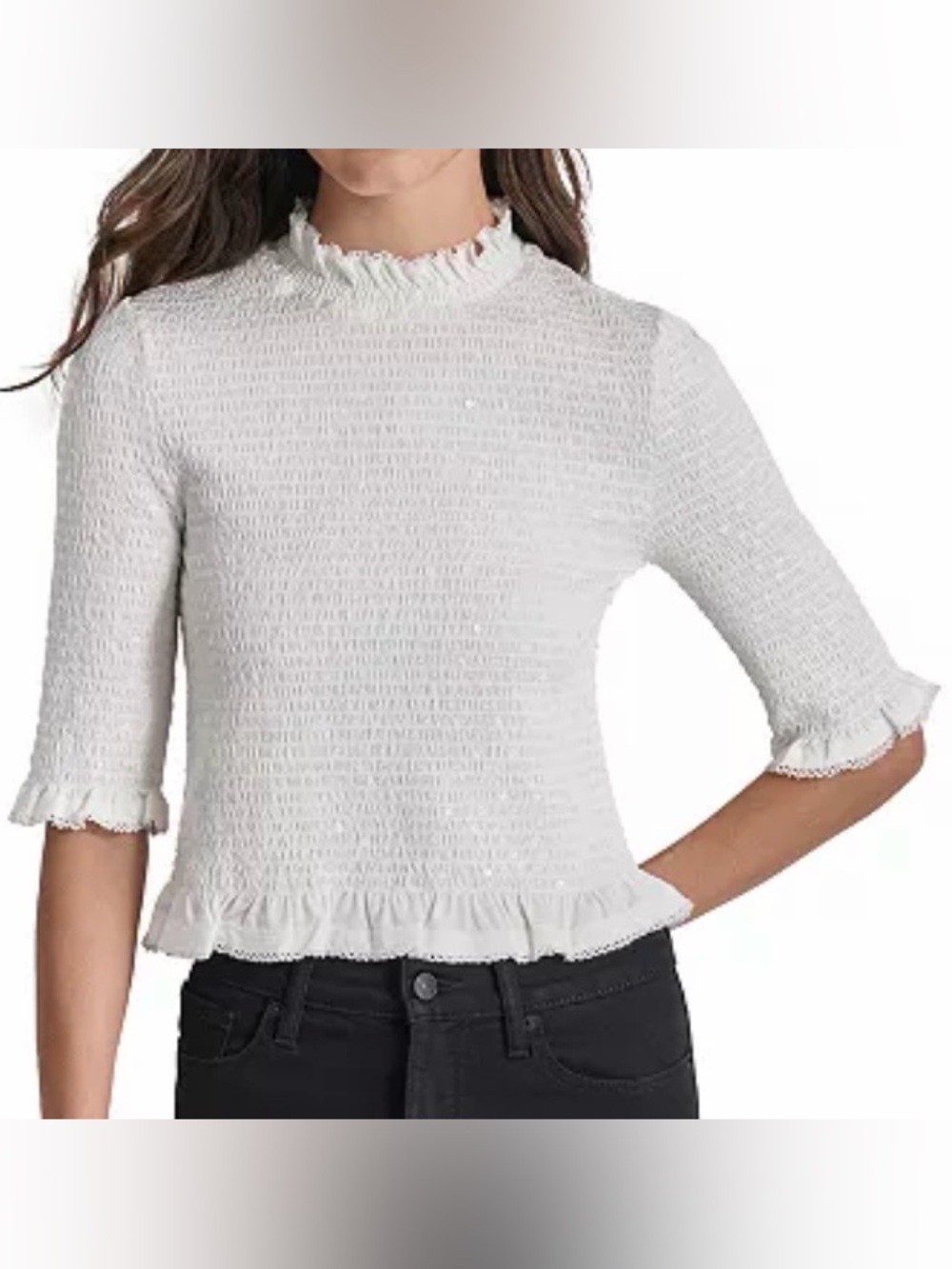 DKNY Jeans Sequin Smocked Top White Ruffle Mock Neck Elbow L